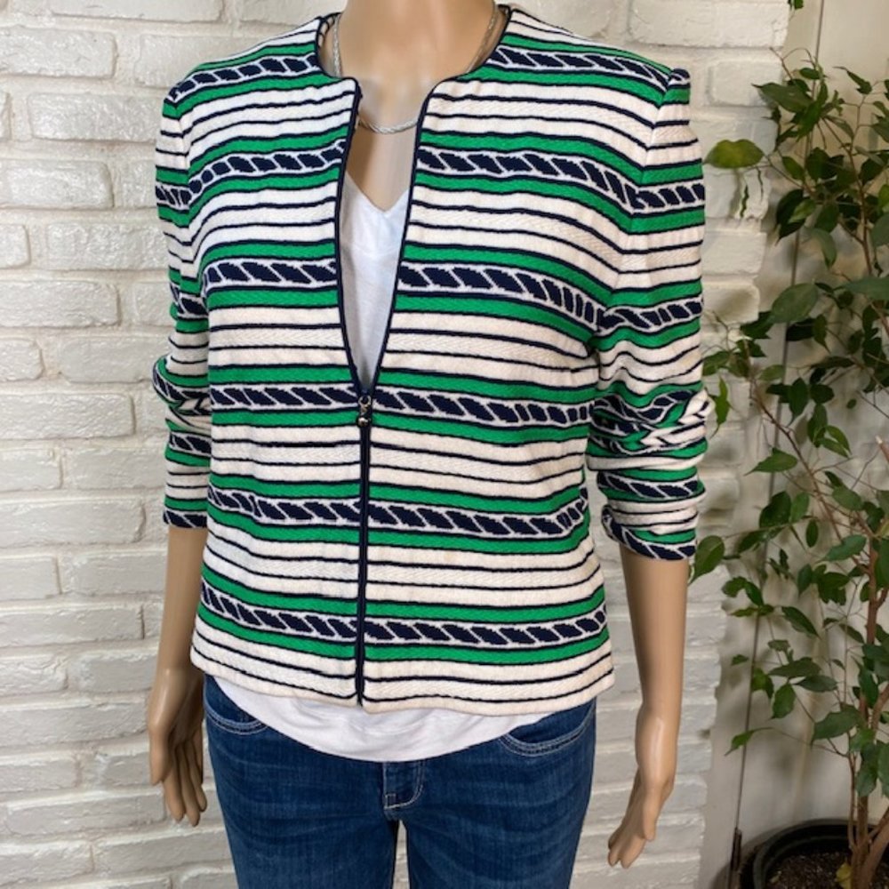 Vintage Luxury Brand ST JOHN Kelly Green & Navy Striped Wool Jacket Sz 6